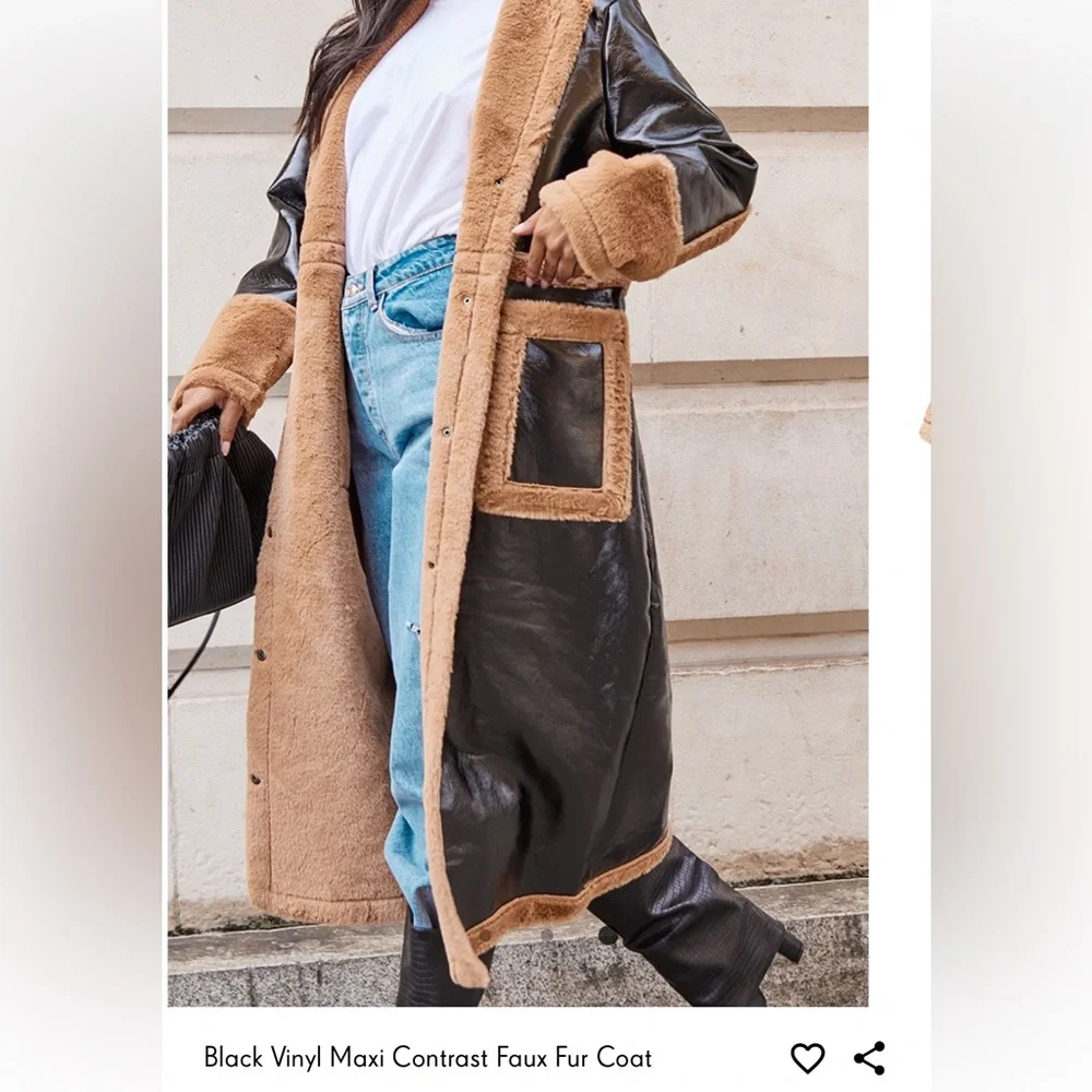 Pretty Little Thing Black Vinyl Maxi Contrast Faux Fur Coat - Picture 4 of 4